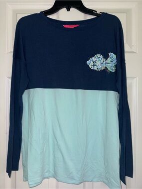 Lilly Pulitzer Navy and Light Blue Two-Tone Long Sleeve Top